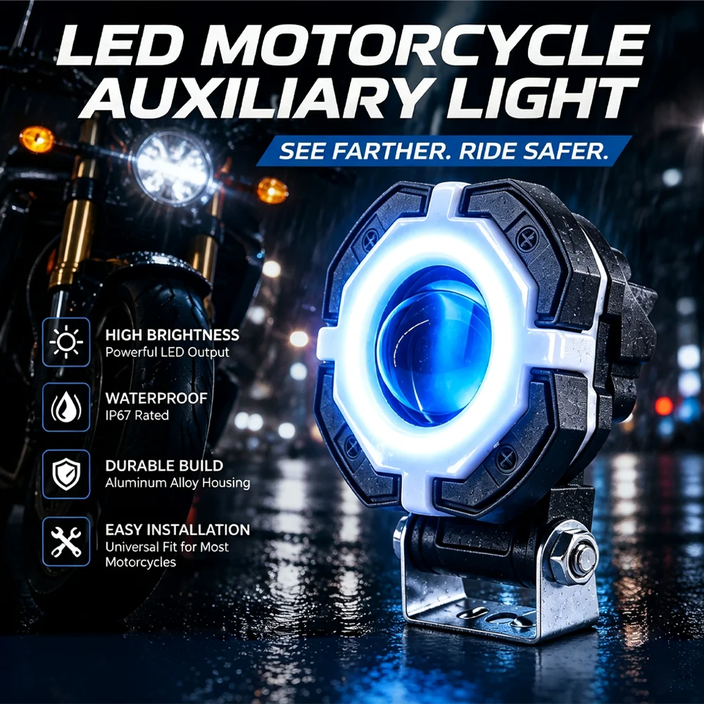 Round Single LED Motorcycle Spotlight RGB Demon Eye Bi Hi/Lo Beam Lens Super Bright Motorbike Auxiliary Modification Light