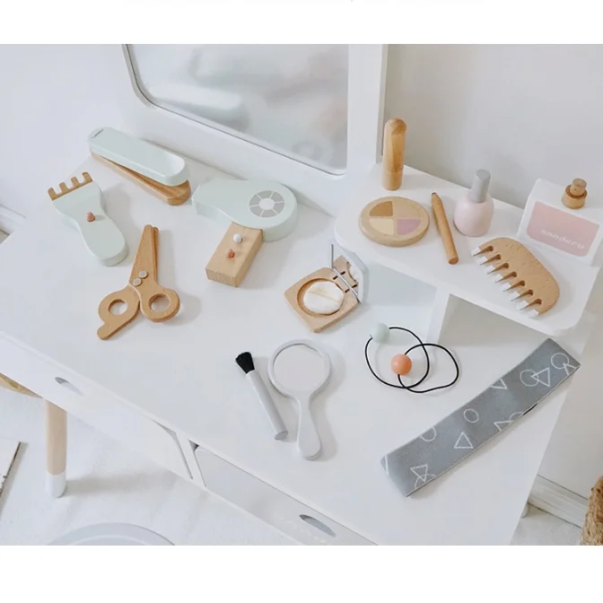 طاولة تزيين مستحضرات التجميل للأميرة، لعبة تعليمية خشبية للأطفال محاكاة الأدوار للفتيات