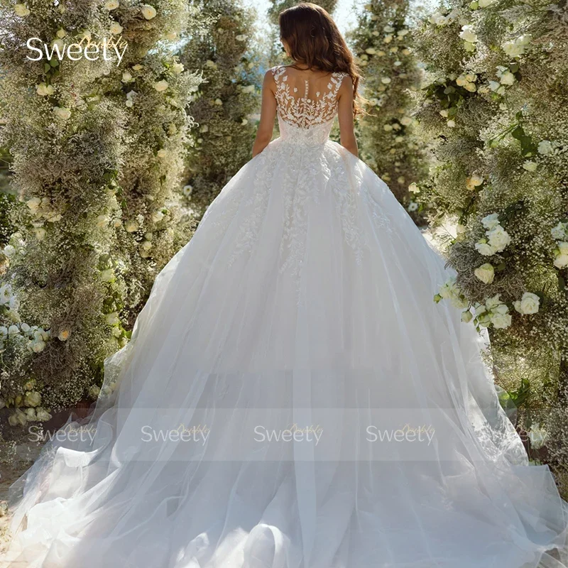 Элегантное свадебное платье с вышитым кружевом на сетке и бальное платье без рукавов с вырезом для свадебного платья на пуговицах Vestido De Casamento по индивидуальному заказу