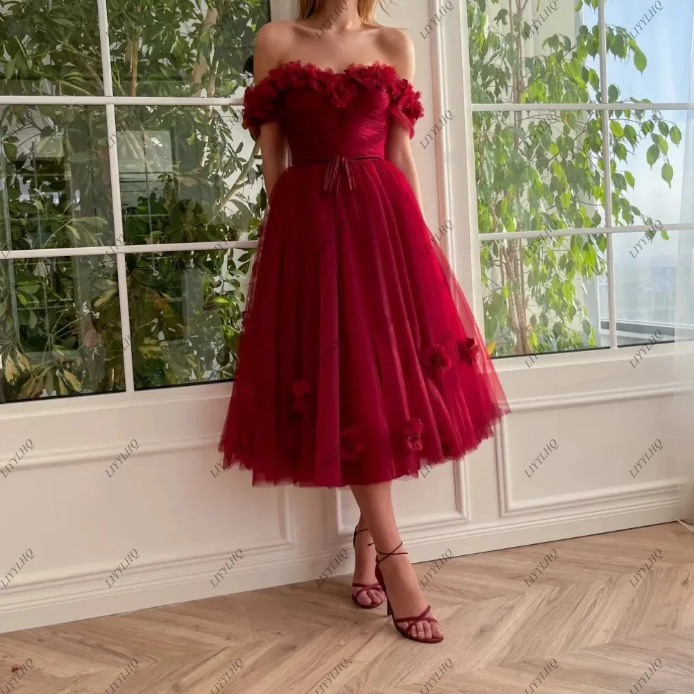 LIYYLHQ Long Classy Rose Red Burgundy Prom Dresses A Line Off The Shoulder  Short Sleeves with Handmade Flowers Tea Length فساتي