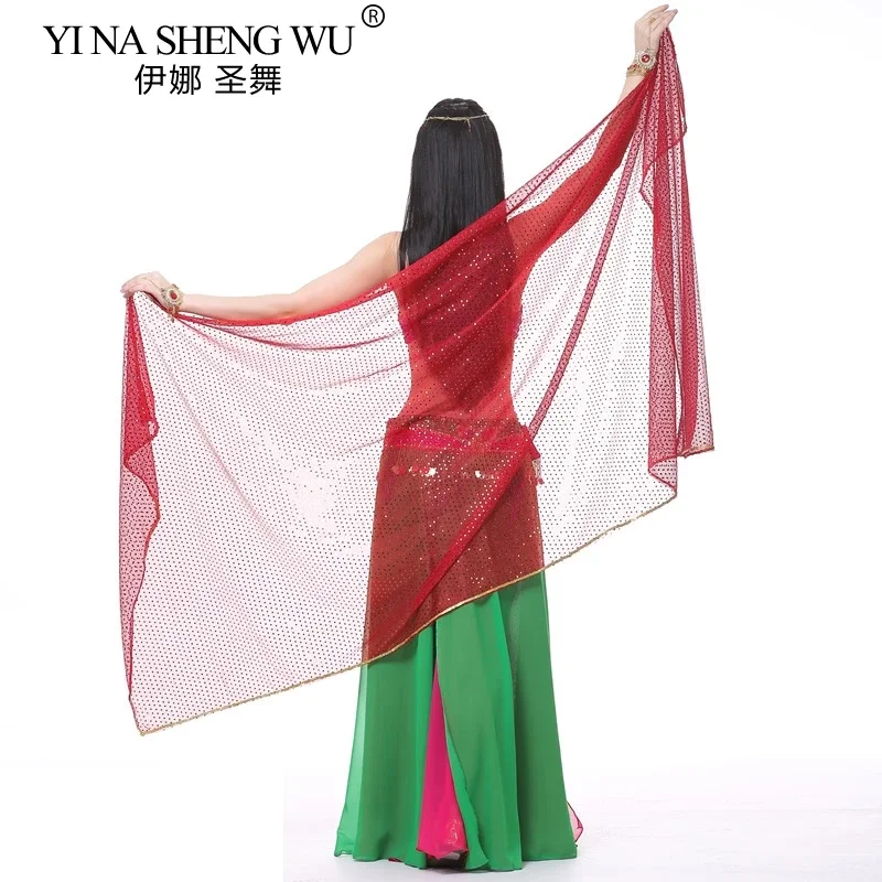Bufanda para danza del vientre, chal con lentejuelas brillantes, velos de medio círculo puesta en escena, velo profesional de gasa para danza del vientre para mujer, 210x95cm