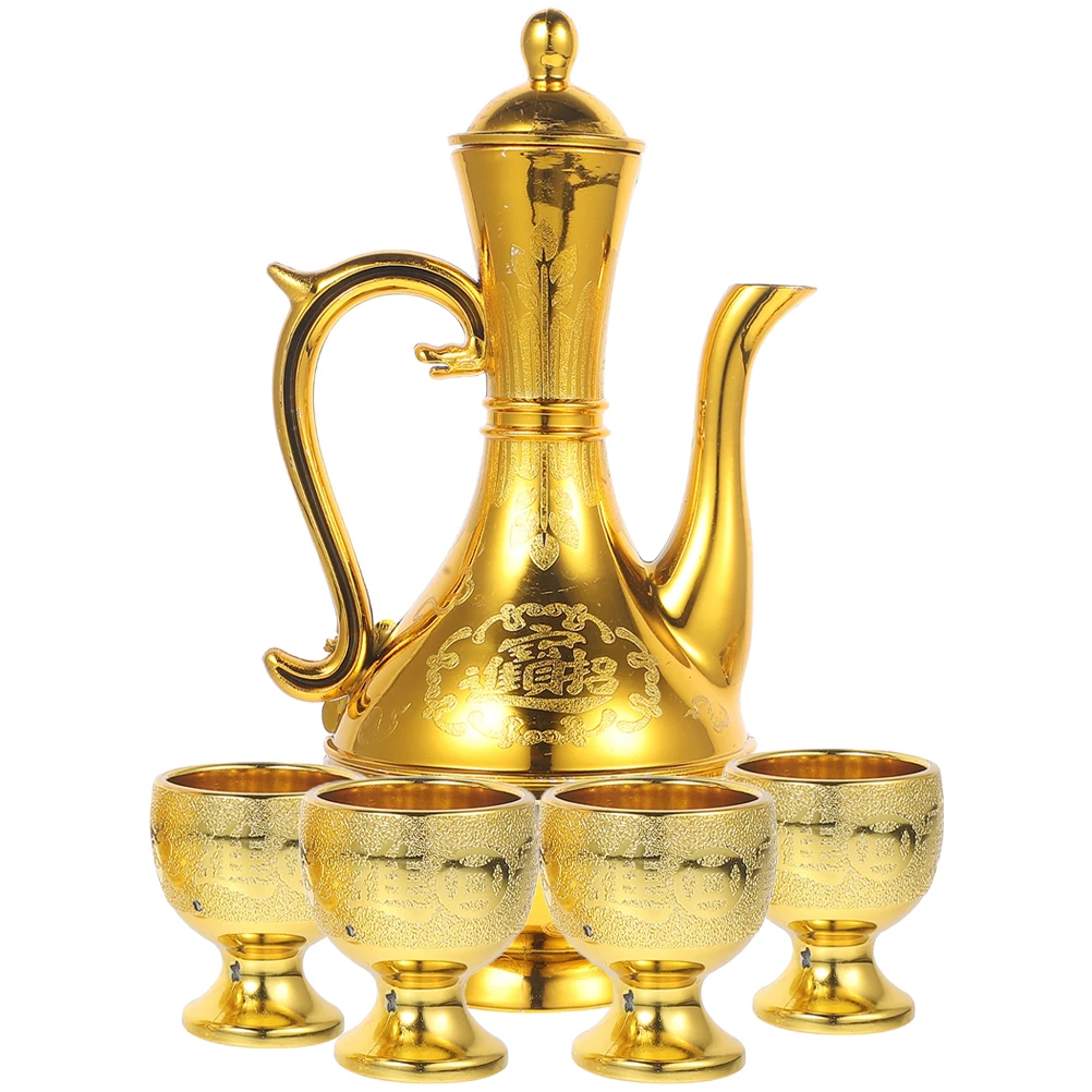 

1 set Tea Set Golden Kettle Cups PP Material Easy Clean Long Use Offering Worship Supplies Retro Style