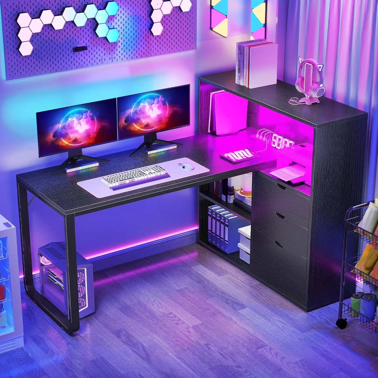 

L Shaped Desk with Drawers & Power Outlets, 55" Computer Desk with Bookshelf, Corner Desk Home Office Desk with Storage Shelves