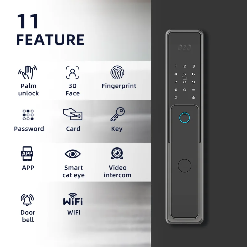 

3D Face Palm Vein Fingerprint Password Card Key Unlock WiFi Smart Door Lock for Wood/Steel Door