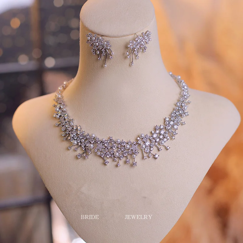

Party Jewelry Sets for Women Cubic Zircon Silver Color and Pearl Necklace Earring Set Fashion Engagement Wedding Accessories