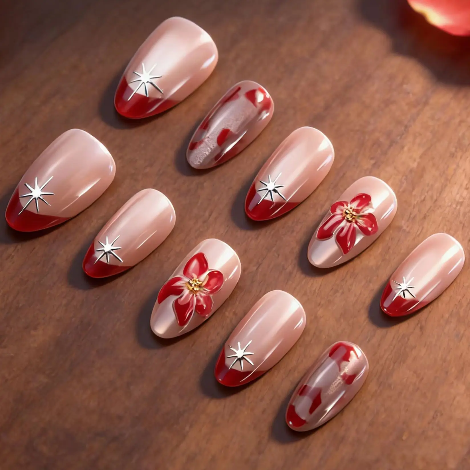 

24PCS 3D Floral Cat Eye Almond Press on Nails Advanced Red French Design European American Sweet Spicy Gold Plated False Nails