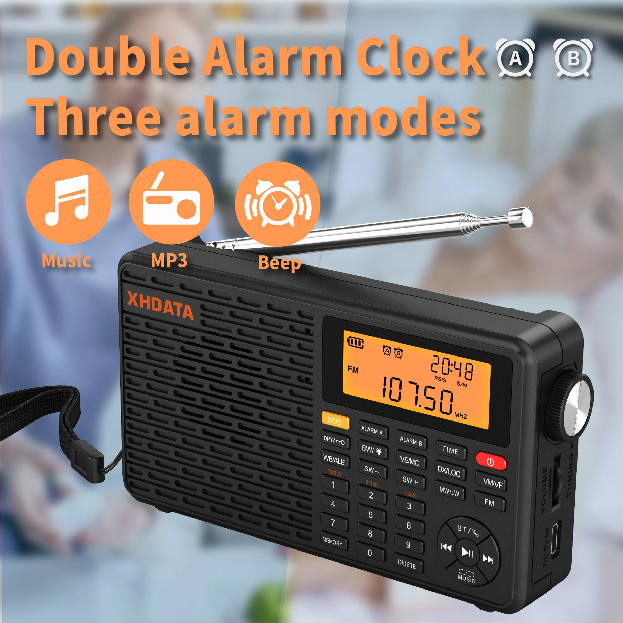 XHDATA D-109WB AM FM Stereo SW MW LW Digitaler Wecker Tragbares Radio mit wiederaufladbarem Akku USB-C und Wettervorhersage