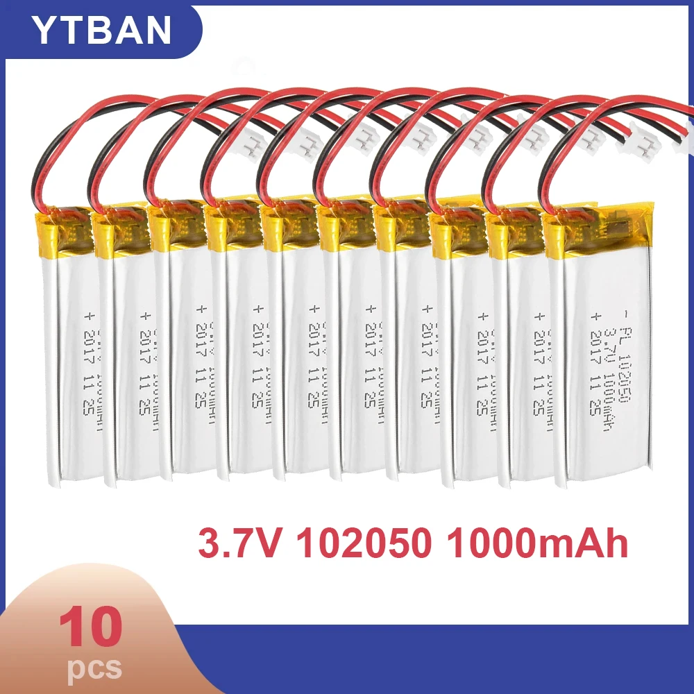 10PCS Real Capacity 102050 3.7V 1000mAh Polymer Lithium Rechargeable Battery for Camera GPS Navigator MP5 Bluetooth Headset