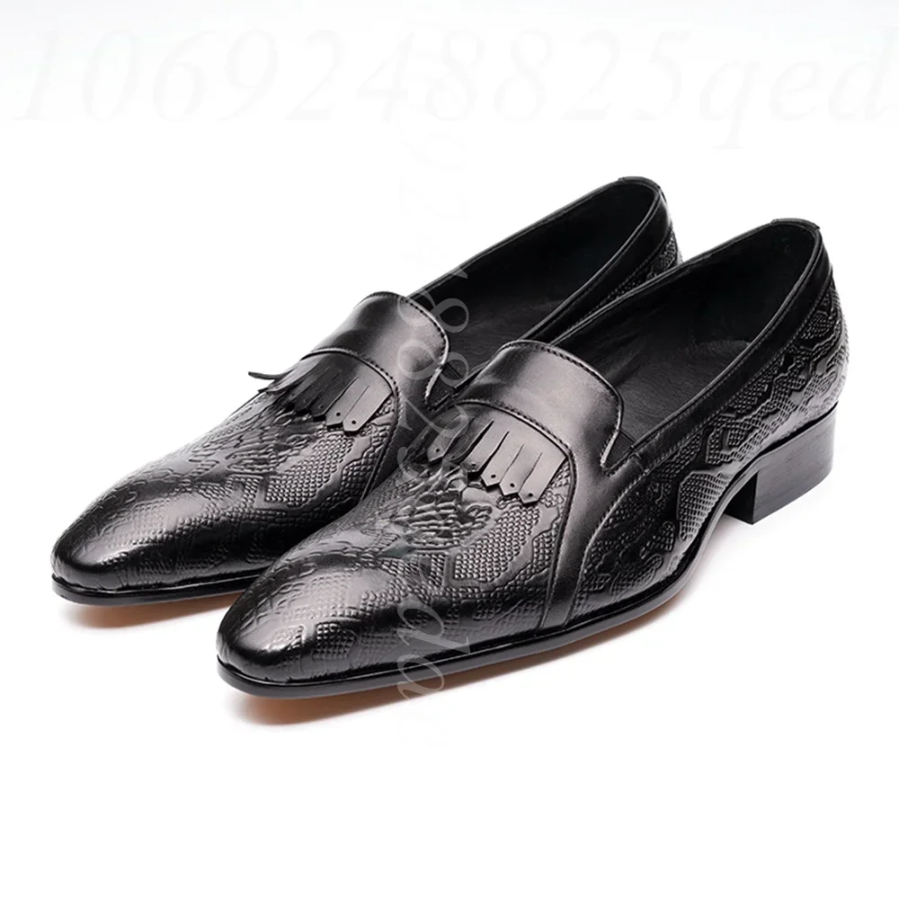 Sleek Black Snake Embossed Leather Loafers for Men Stylish Kilt Tassel Decor Pointed Toe Dress Shoes for Men Formal Gatherings