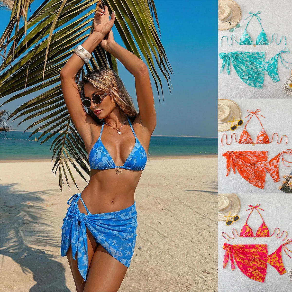 

Сексуальное бикини с цветочным принтом и пуш-ап, женский купальник из трех предметов, бикини с сетчатым платьем, обернутая юбка ярких цветов, пляжные купальные костюмы