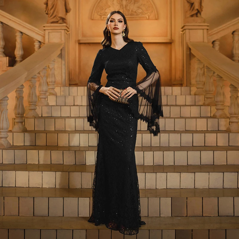 Women Black Dresses Flare Sleeve V Neck Sequined Elegant Cocktail Prom Formal Occasion Evening Long Maxi Dress Female Clothing