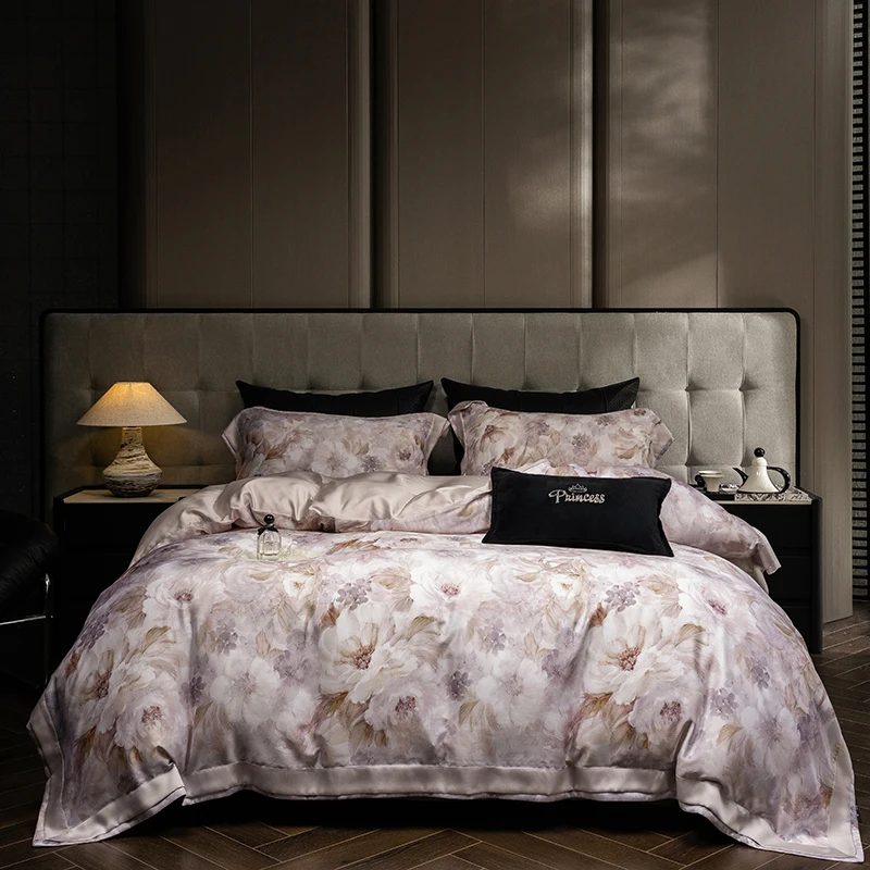 Luxurious Comfortable Lyocell Fiber Digital Printing Bedding Set, Duvet Cover, Linen Fitted Sheet, Pillowcases, Home Textile