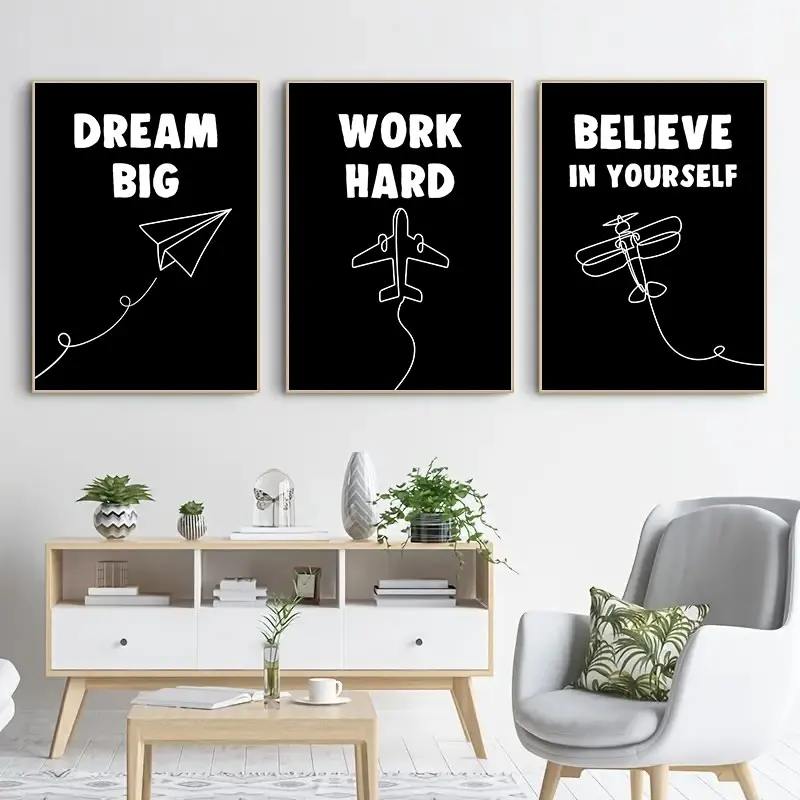 Black White Inspirational Words Canvas Art Poster Prints Simple Airplane Style Line Wall Decor Picture for Living Room Bedroom