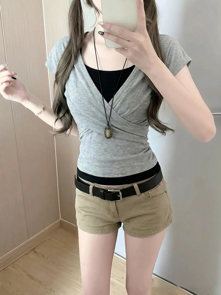 

Vintage Sle Tee-Piece Set High Waist orts Bla Csole ey V-Ne Top Sexy Girl Retro Faion Summer Outfit for Women