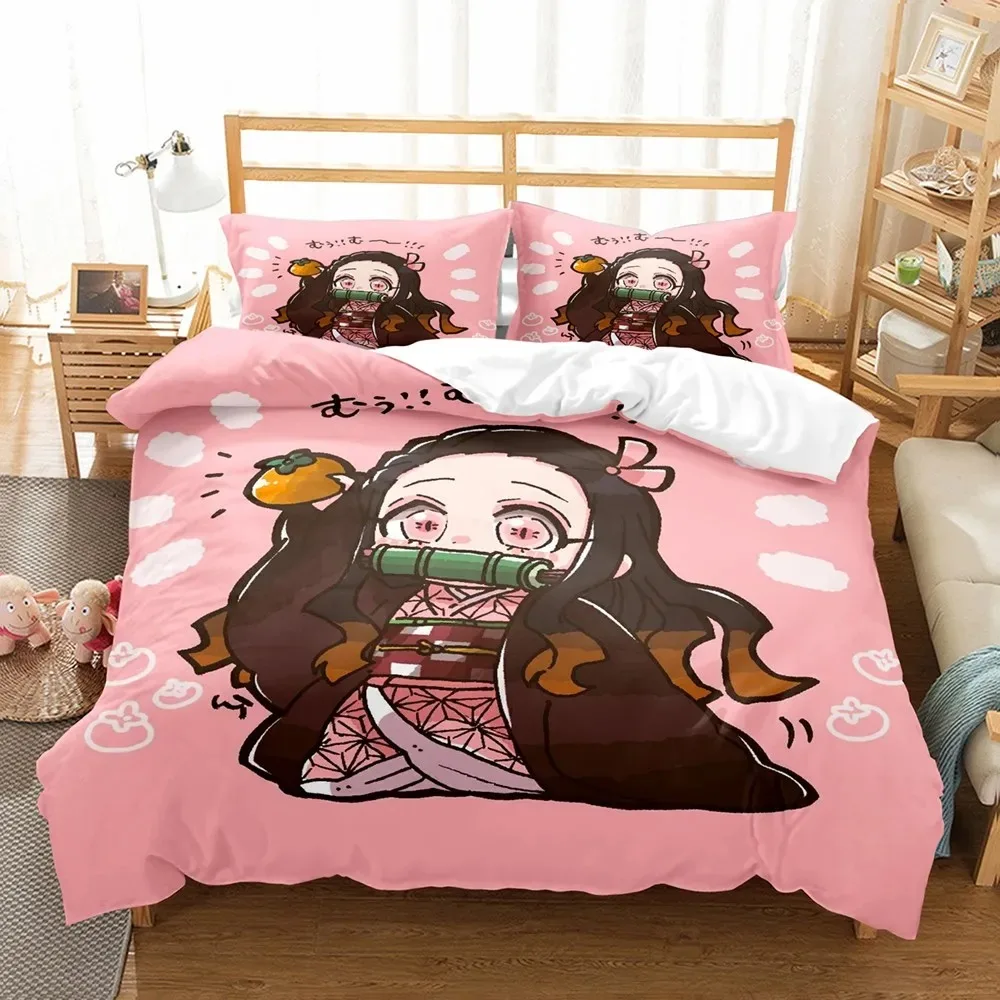 Anime Demon Slayer Duvet Cover Sets with Pillow Cover Polyester Teens Kids Bedding Set Full Queen King Size Cartoon Bed Linen