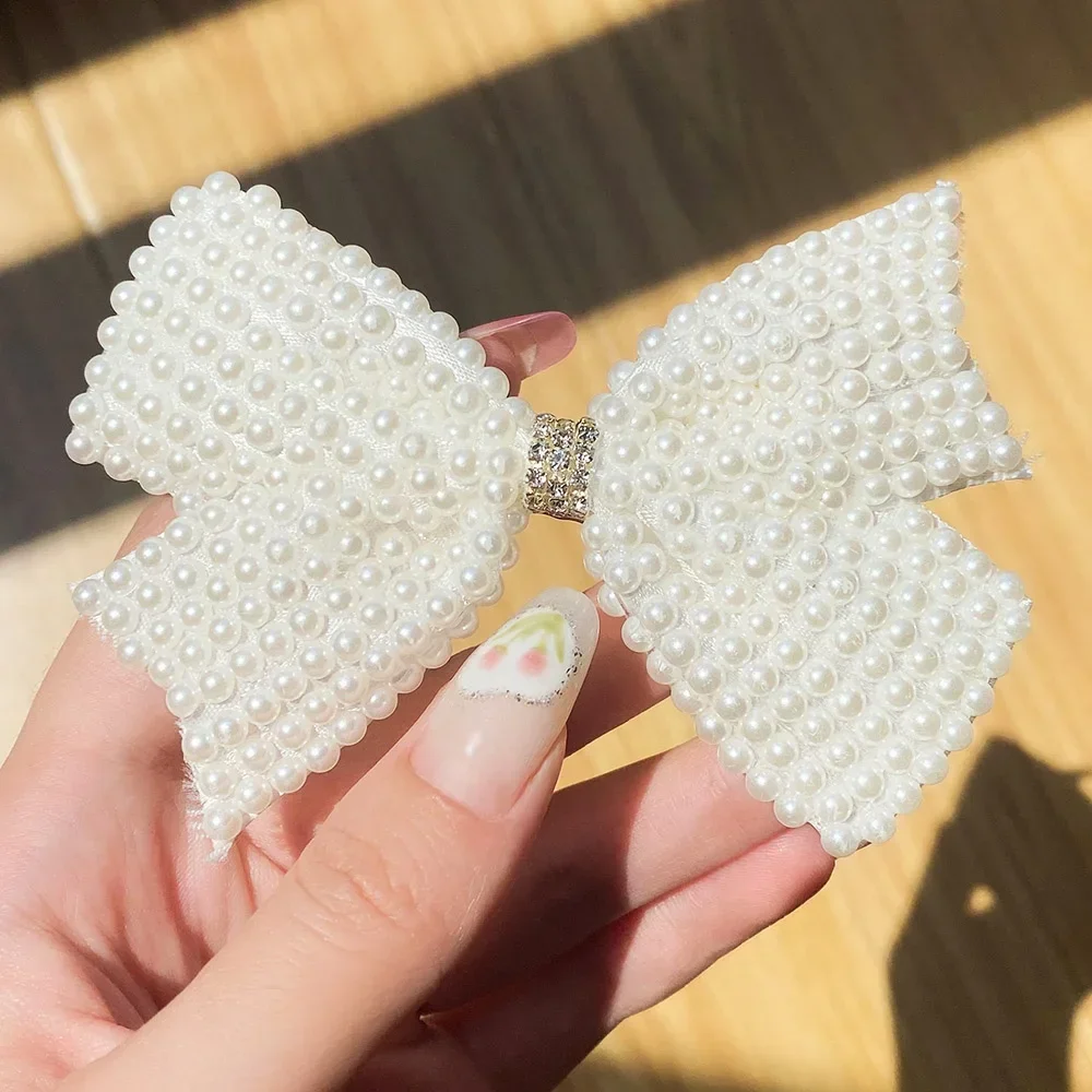 1pcs White Pearl Hair Bows With Hair Clips For Girls Kids Boutique Layers Bling Rhinestone Center Bows Hairpins Hair Accessories