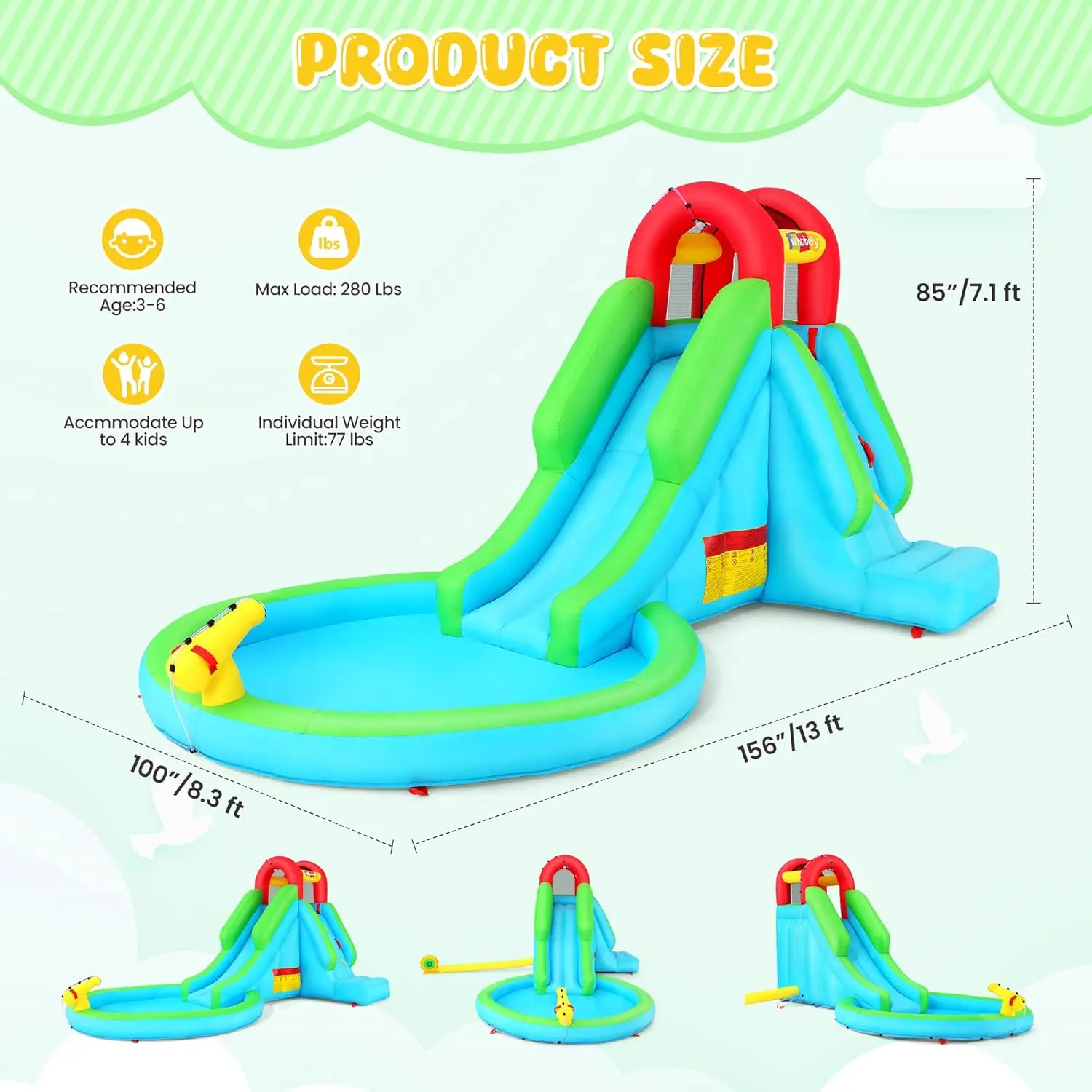 Zjeżdżalnia wodna, nadmuchiwana zjeżdżalnia wodna Park Bounce House dla dzieci 3-6 z dmuchawą, basen dmuchany, zraszaczem, nadmuchiwanym pingwinem D