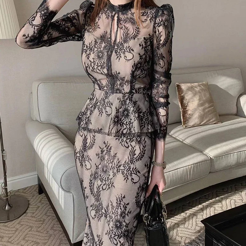 Elegant Hollowed-out Lace Hook-flower Fishtail Dress Women Design Ruffles Stand Collar Long Sleeve Vestidos Chic Feminine Robe