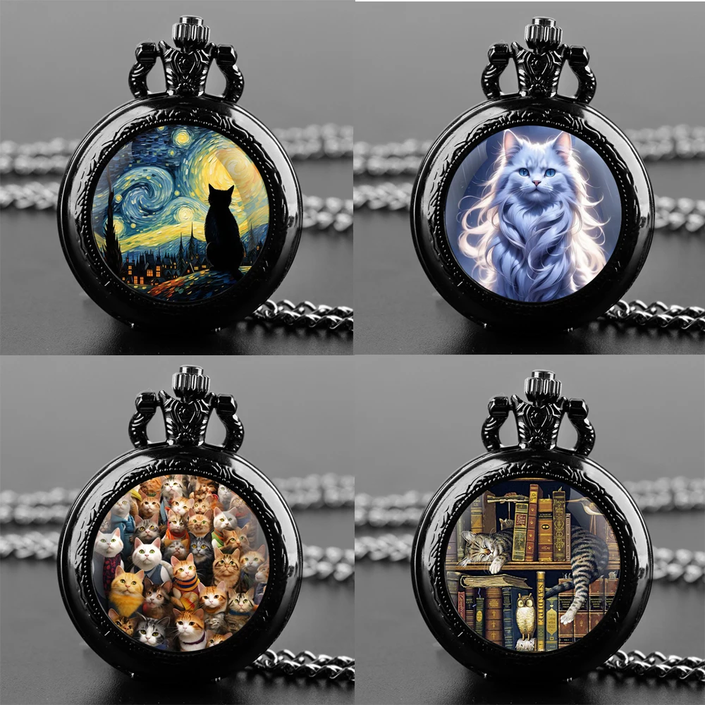 

Cute Cat Creative Graphic Vintage Quartz Pocket Watch Men Women Pendant Necklace Chain Charm Clock Watch Unique Jewelry Gifts