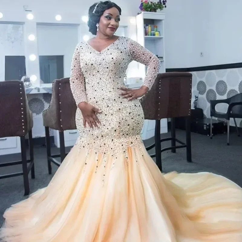 Customized Plus Size Luxury Wedding Dress African Heavy Beading Yellow Mermaid Long Sleeve Bridal Gowns Modern Wedding Gowns