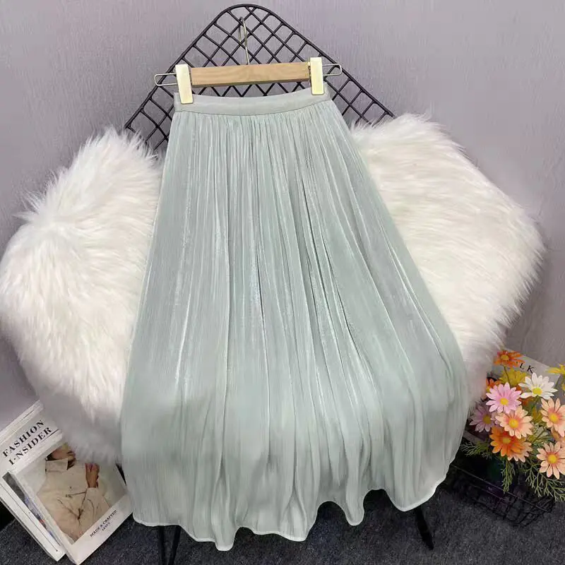 Women's Lavender Shimmer Pleated Midi Skirt High Waist Flowy A-line Skirt Elegant Casual Beach Vacation Skirt For Spring Summer