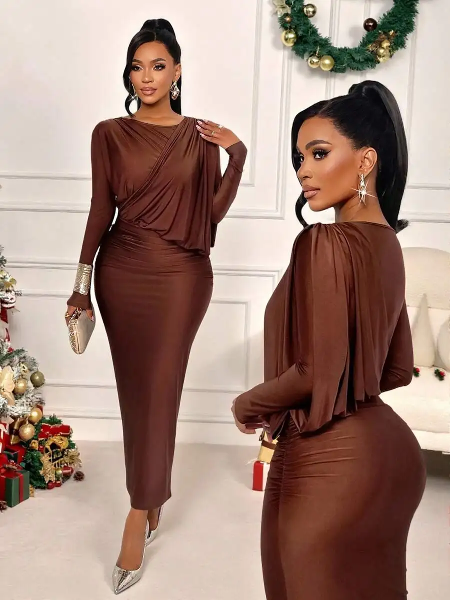

Elegant Brown Glossy Knit Long Sleeve Asymmetric Neck Ruched Maxi Dress with Side Slit