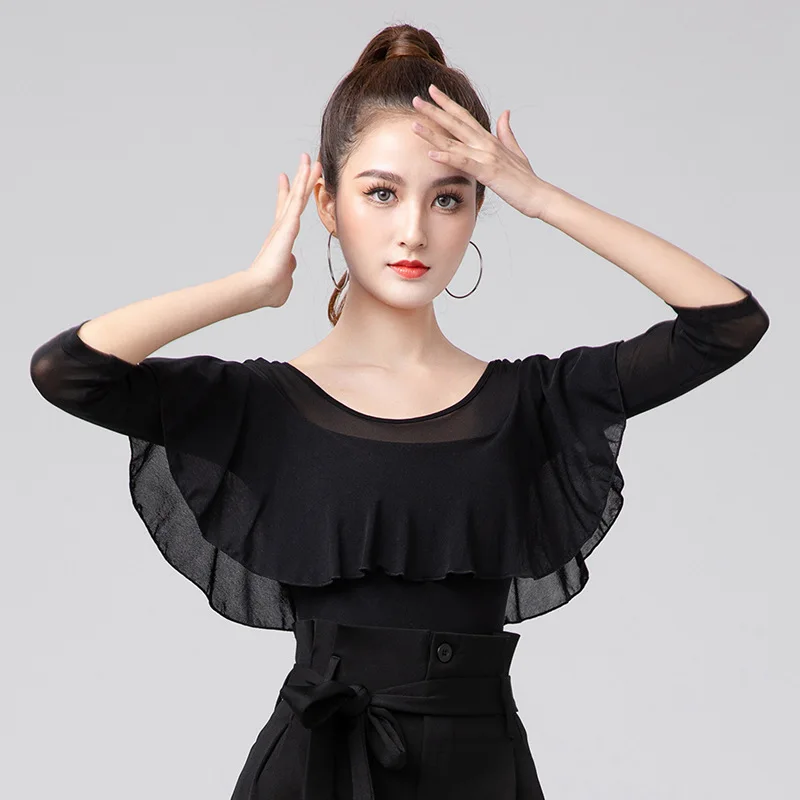 Ruffled Dance Clothes National Standard Modern Three-quarter Sleeve One-piece Latin Dance Clothes Dance Top Women\'s New Dance Cl