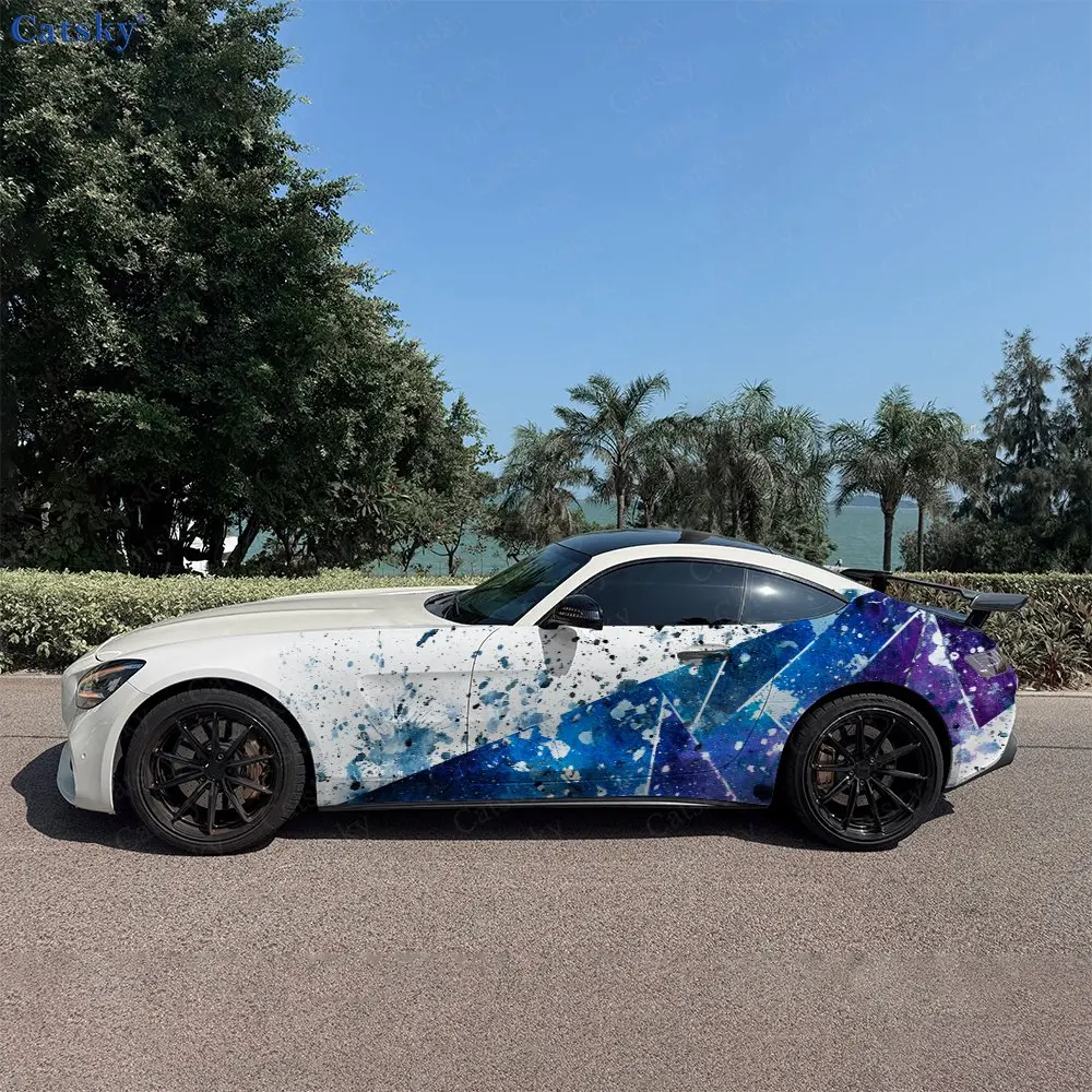 

2pcs Ice Crack Texture Blue-Purple Car Side Wraps, Self-Adhesive PVC Waterproof & Scratch-Resistant Stickers, Car Accessory Gift