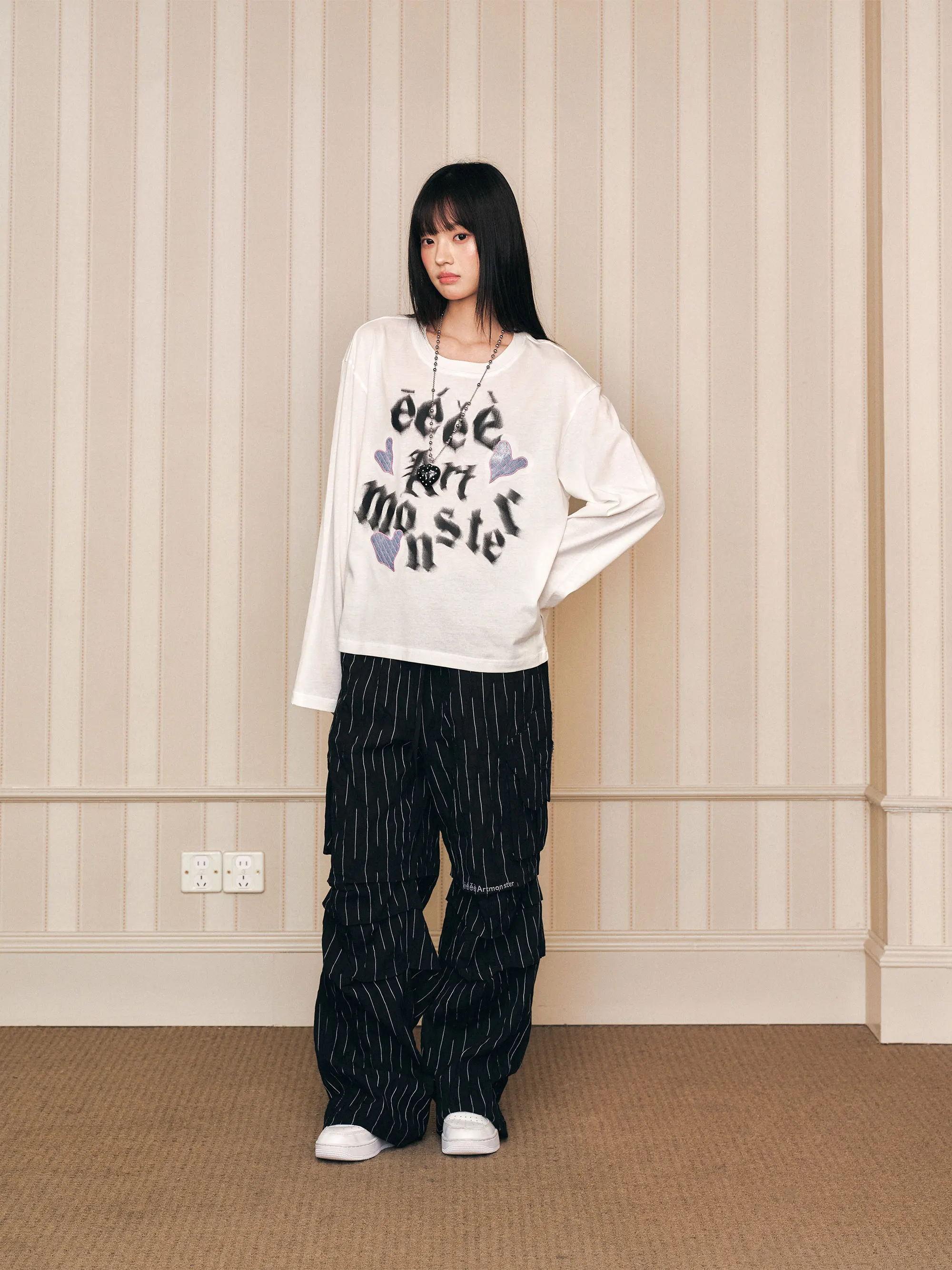 Gothic Love Heart Patch Long Sleeve T-Shirt Base Shirt Cover up Cotton Polyester Lyocell Linen Blend round Neck