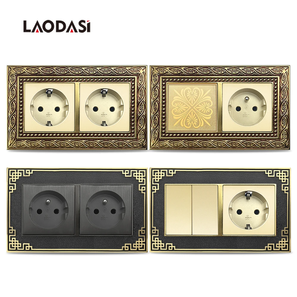 Laodasi Vintage Double EU French Electrical Power Outlet Brass Panel Wall Socket EU Socket With 1Gang/2Gang Switch 146mm * 86mm