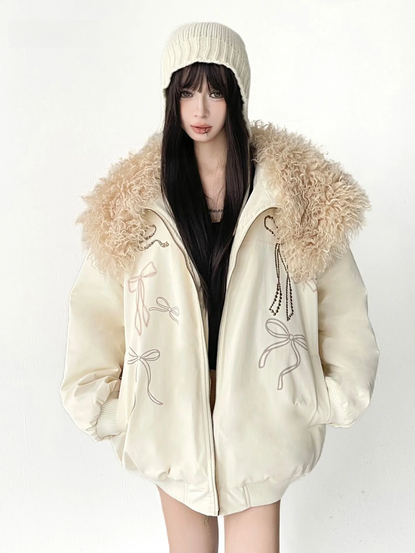 

Американский повседневный хлопковый воротник с меховым воротником и узлом, женская зимняя модная брендовая теплая универсальная хлопковая одежда для ленивых