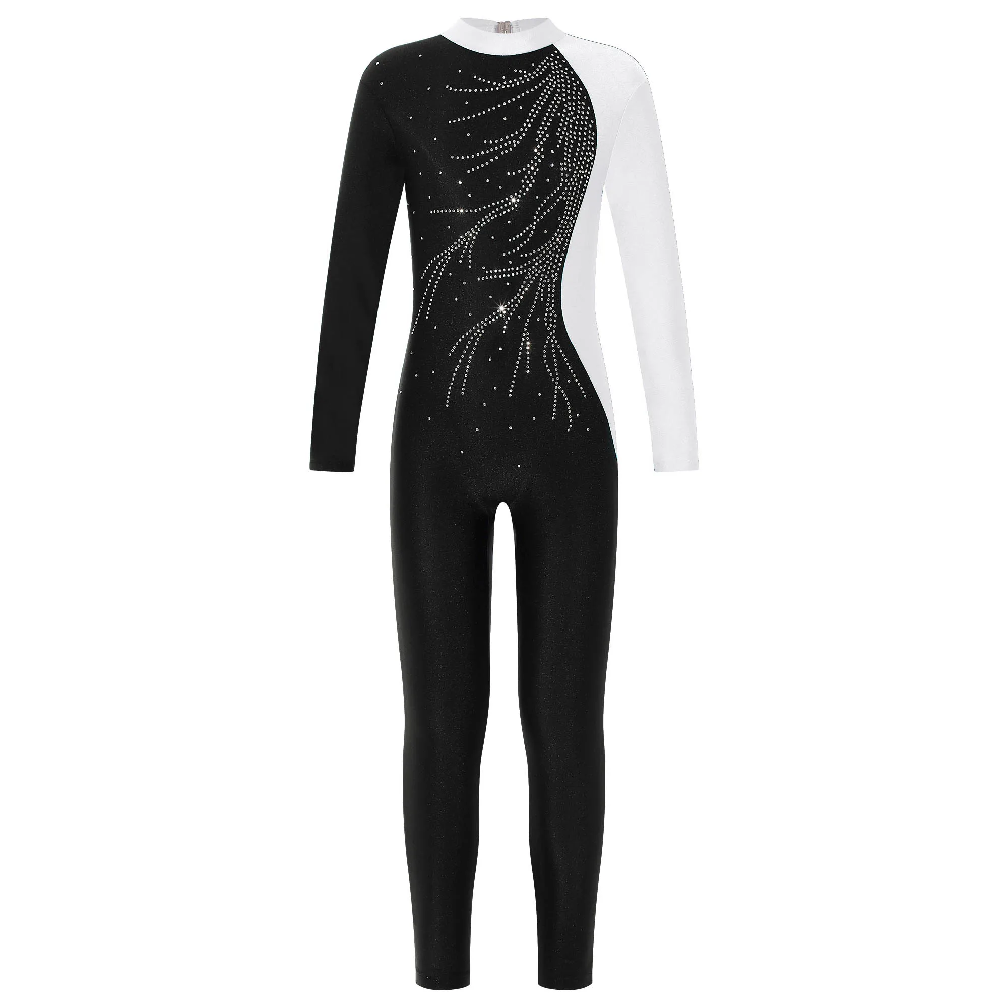 Kids Girls Gymnastics Jumpsuit Ballet Dancewear Long Sleeve Shiny Rhinestone Patchwork Bodysuit Skating Dance Unitard Zentai