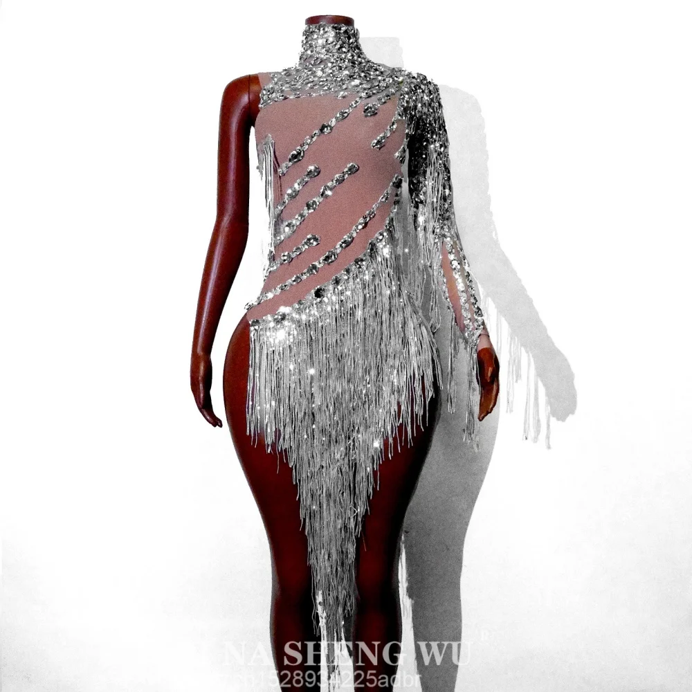 Vestido transparente sexi con borlas y diamantes de imitación brillantes para mujer, trajes de baile latino con un hombro, Bar, fiesta en club nocturno, disfraz nuevo
