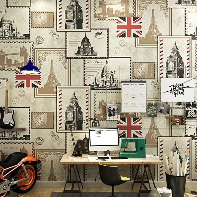 British European-Style Ancient Architecture Restaurant Hotel Personalized Wallpaper Retro Nostalgic Stamps Flag Union Flag