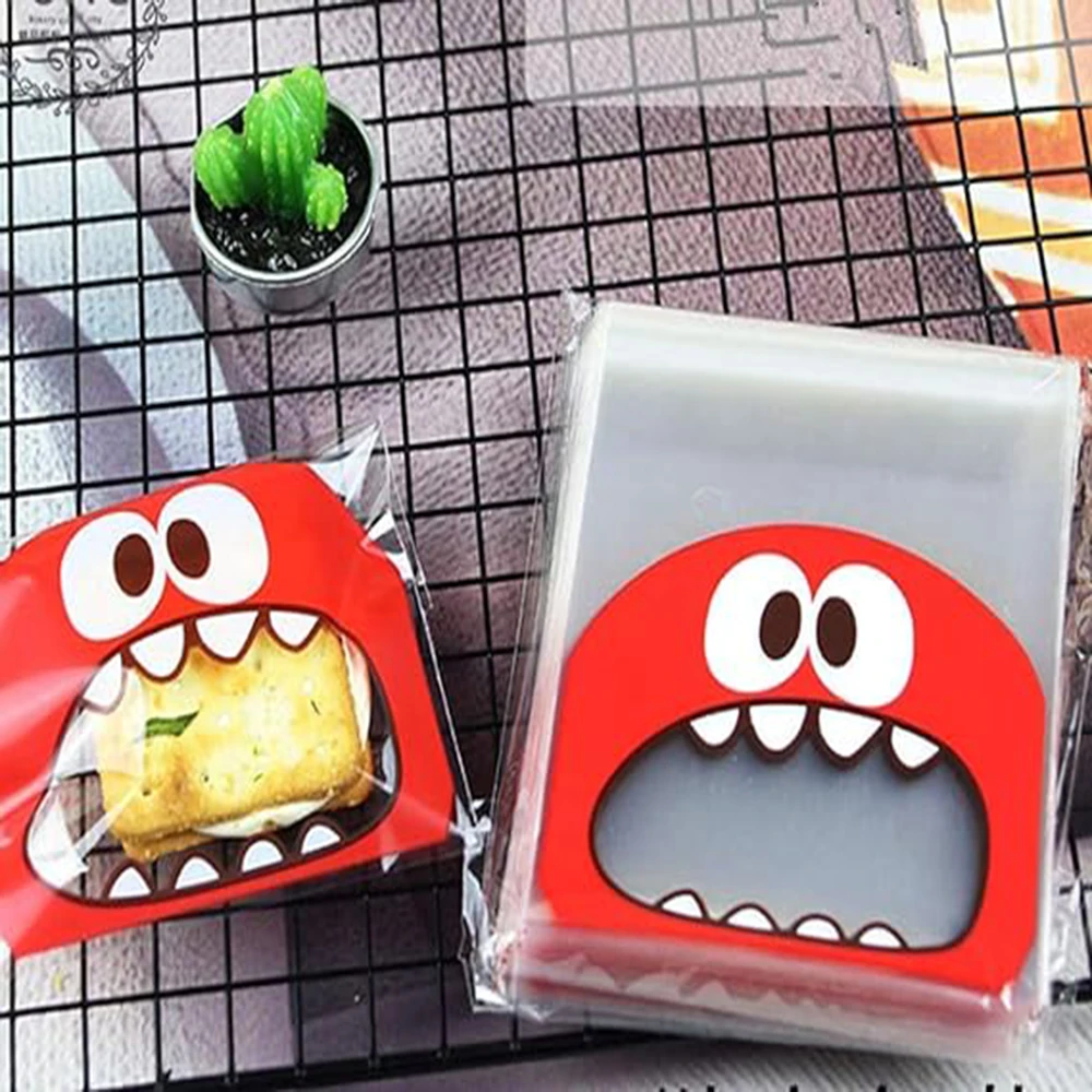 50/100pcs Cookie Candy Bags Cute Cartoon Monster Self-Adhesive Plastic Bag Biscuits Snack Baking Package Supplies Birthday Decor