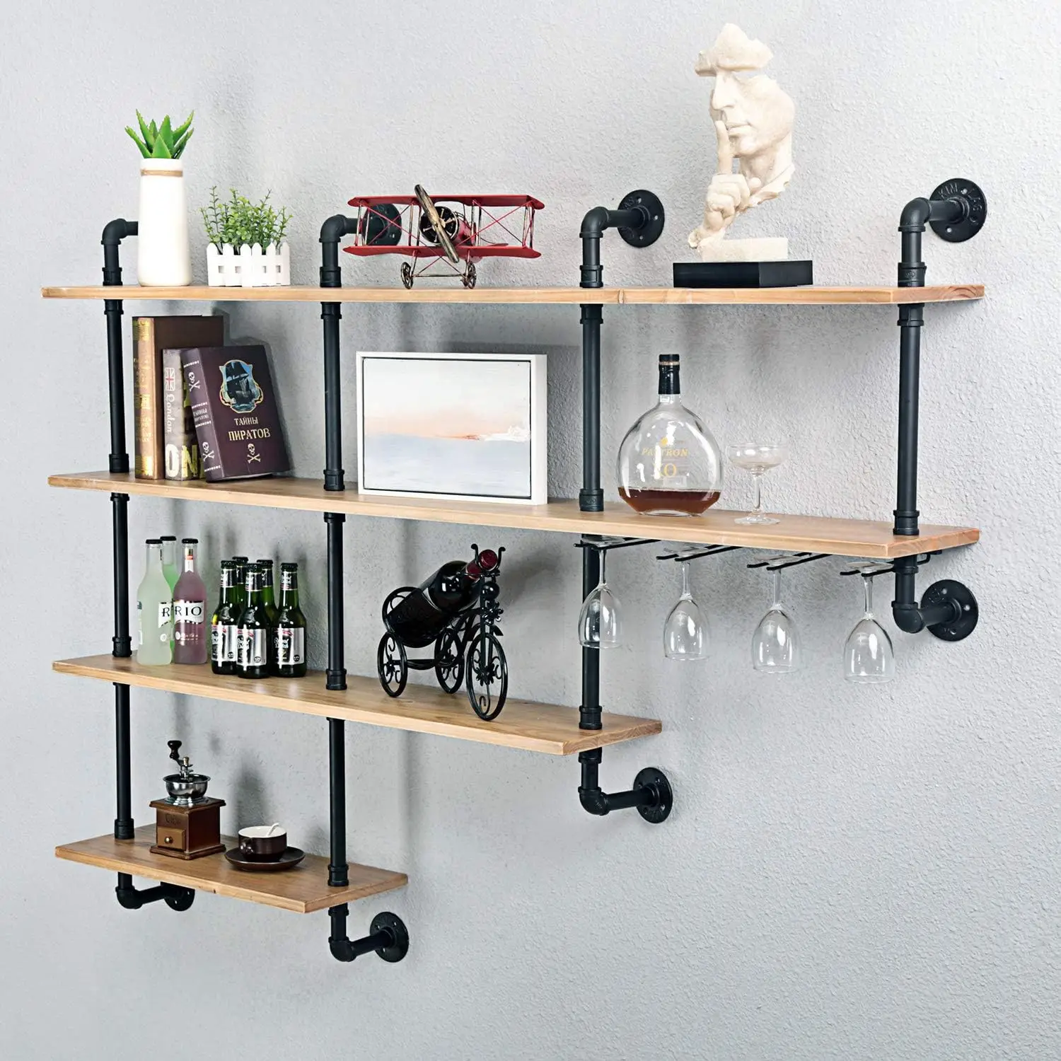 Prateleiras de tubos de 4 camadas de 63 polegadas, prateleiras flutuantes rústicas de madeira e metal, prateleiras de decoração para casa, montagem na parede com rack de vinho, preto