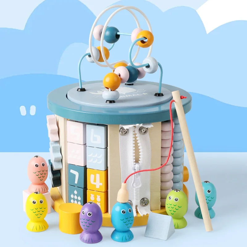 

New children's wooden eleven-in-one multi-functional eight-sided bead storage box for puzzles and toys