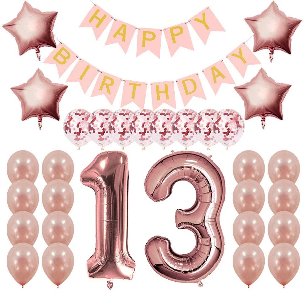 Roségoldene Dekorationen zum 13. Geburtstag, Partyzubehör – 13 Geburtstagsgeschenke für Mädchen, Banner und Luftballons zum 13. Geburtstag – Detail 1