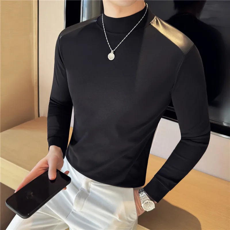 High-quality PU Splicing Long Sleeve T-shirt Men Fashion Half High Collar Elastic Slim Cotton Basic Base Shirt Social Streetwear