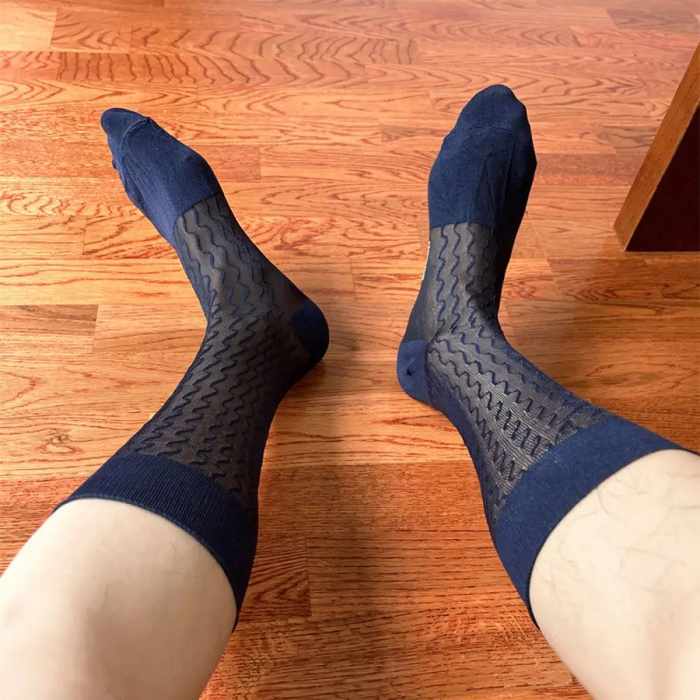 Mens Classic Wave Pattern Business Socks Nylon Breathable Thin Mid Calf Dress Hosiery For Professional Office Apparel