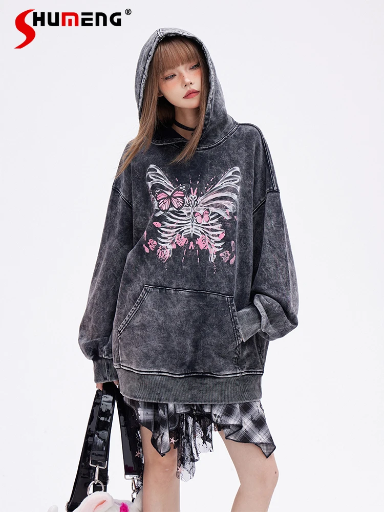 

Subculture Retro Dark Hot Girl Y2K Hoodies Butterfly Print Loose Casual Long-sleeved Pullovers Sweatshirts Jacket Women Spring