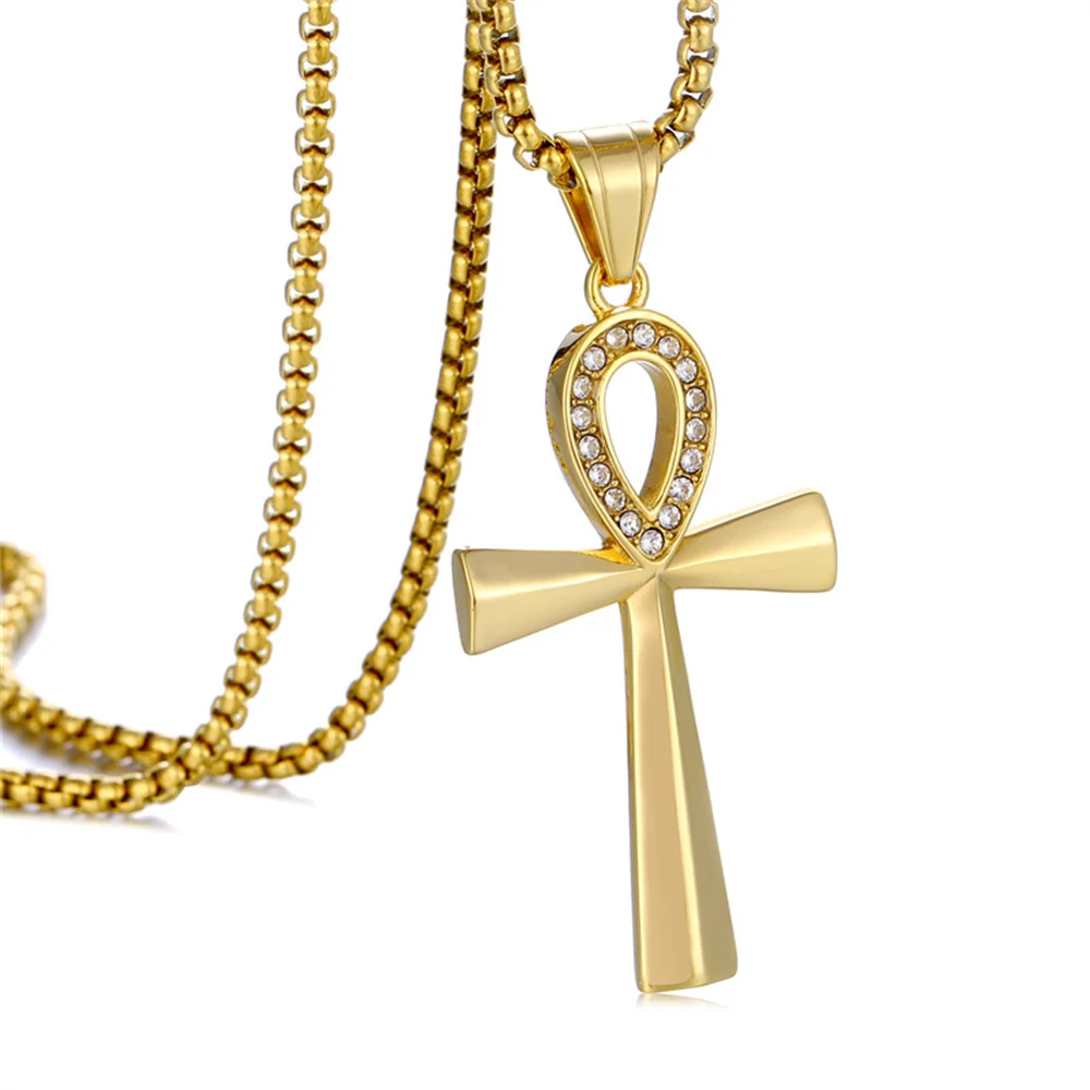 المصرية مثلج خارج بلينغ عنخ الصليب قلادة الذهب والفضة اللون قلادة من الفولاذ المقاوم للصدأ للنساء الرجال مصر القديمة مجوهرات هدية