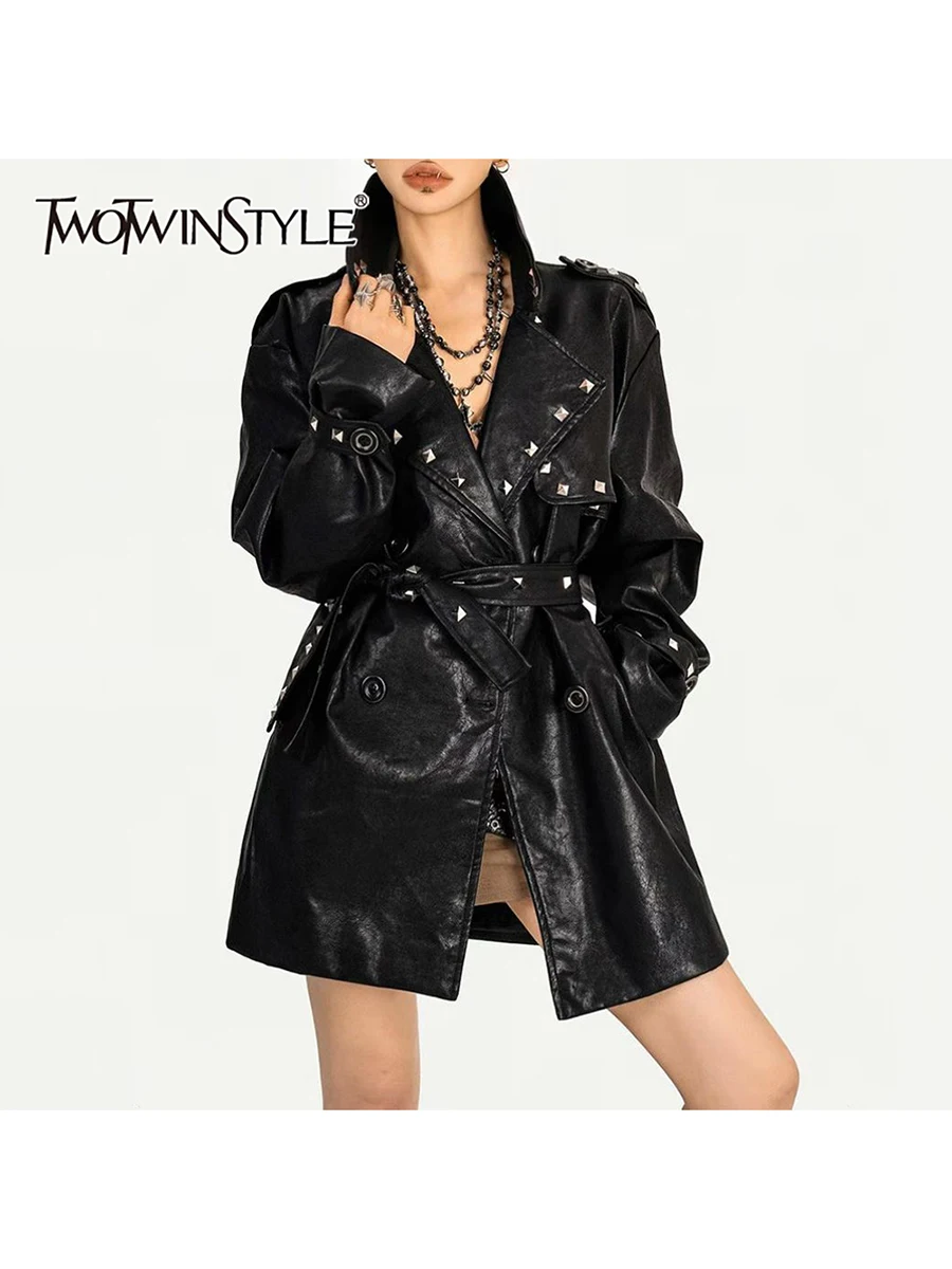 

TWOTWINSTYLE Solid Spliced Rivet Fashion Leather Jackets for Women Lapel Long Sleeves Patchwork Lace Up Grunge Jacket Female New
