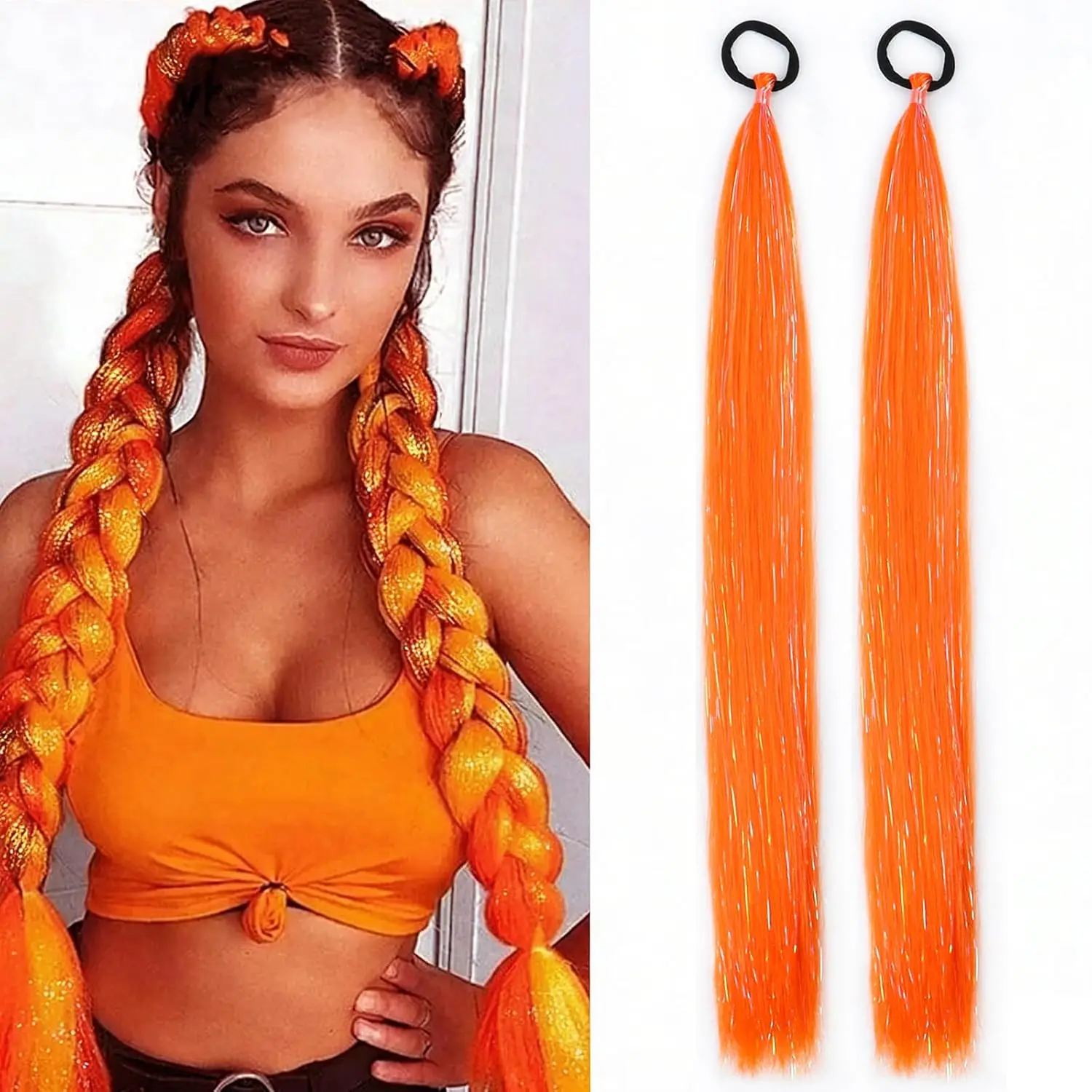 2Packs Mixed Tinsel Ponytail Extension with Elastic Tie Straight Braid Synthetic Hairpiece for Women Girls Party Festival Hair