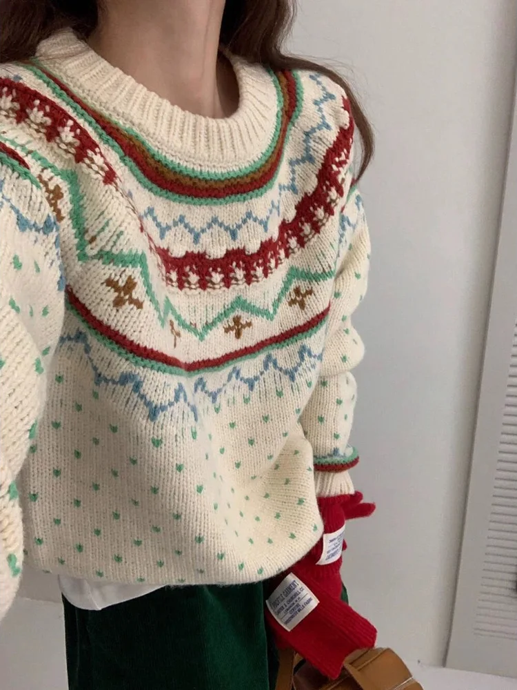 

Retro Fair Isle Knitted Christmas Pattern Loose Fit Thickened Women's Sweater Autumn Winter Overhead Style Comfortable Long S...