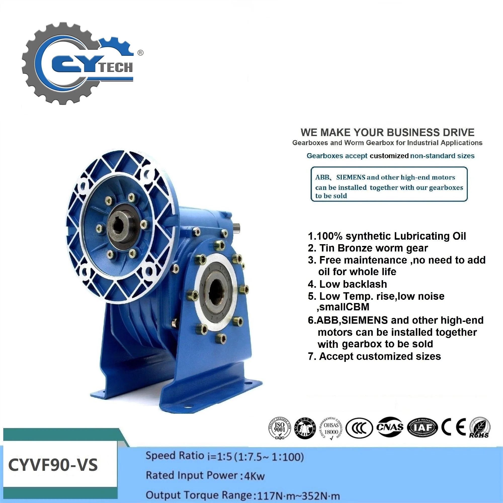 CHENYUE Worm Gearbox CYVF-VS 090 Gear reducer  Input 19/24/28mm FL 80B14/90B14/100B5 Output 35mm Ratio 5-100 Tin Bronze
