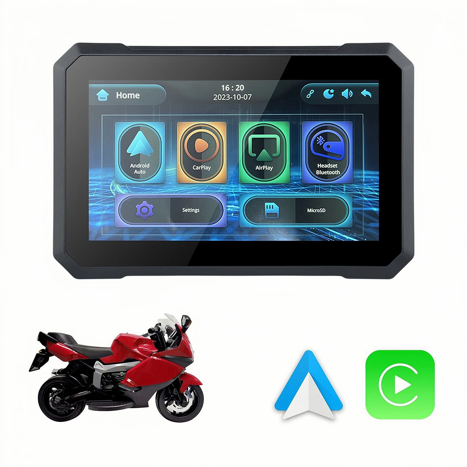 7 Inch Navigation Motorcycle Waterproof Carplay Screen Display Motorcycle Wireless Android Auto IPX7 Dual Bluetooth