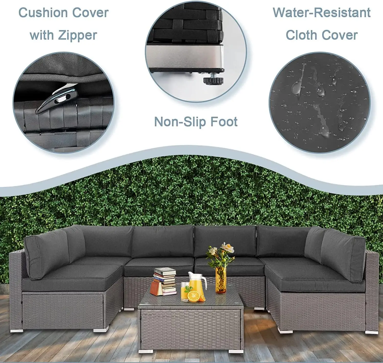 Conjunto de sofás para muebles de exterior, sofá seccional de mimbre gris para todo tipo de clima,