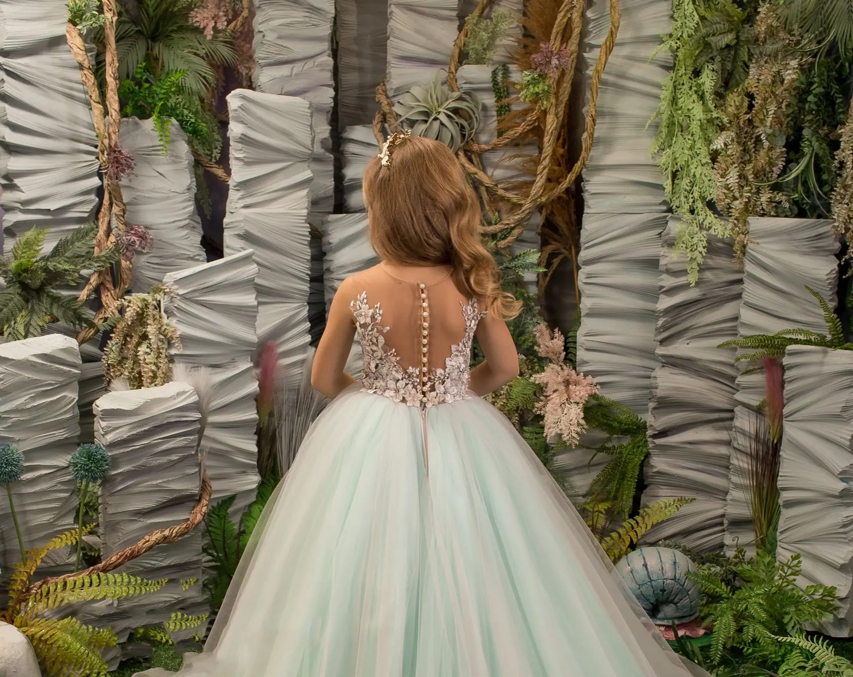 FATAPAESE Delicate Mint Fluffy Flower Girl Dress Floral Lace Pearls and Rhinestones Adorn the Bodice Multilayered Ruffle Train