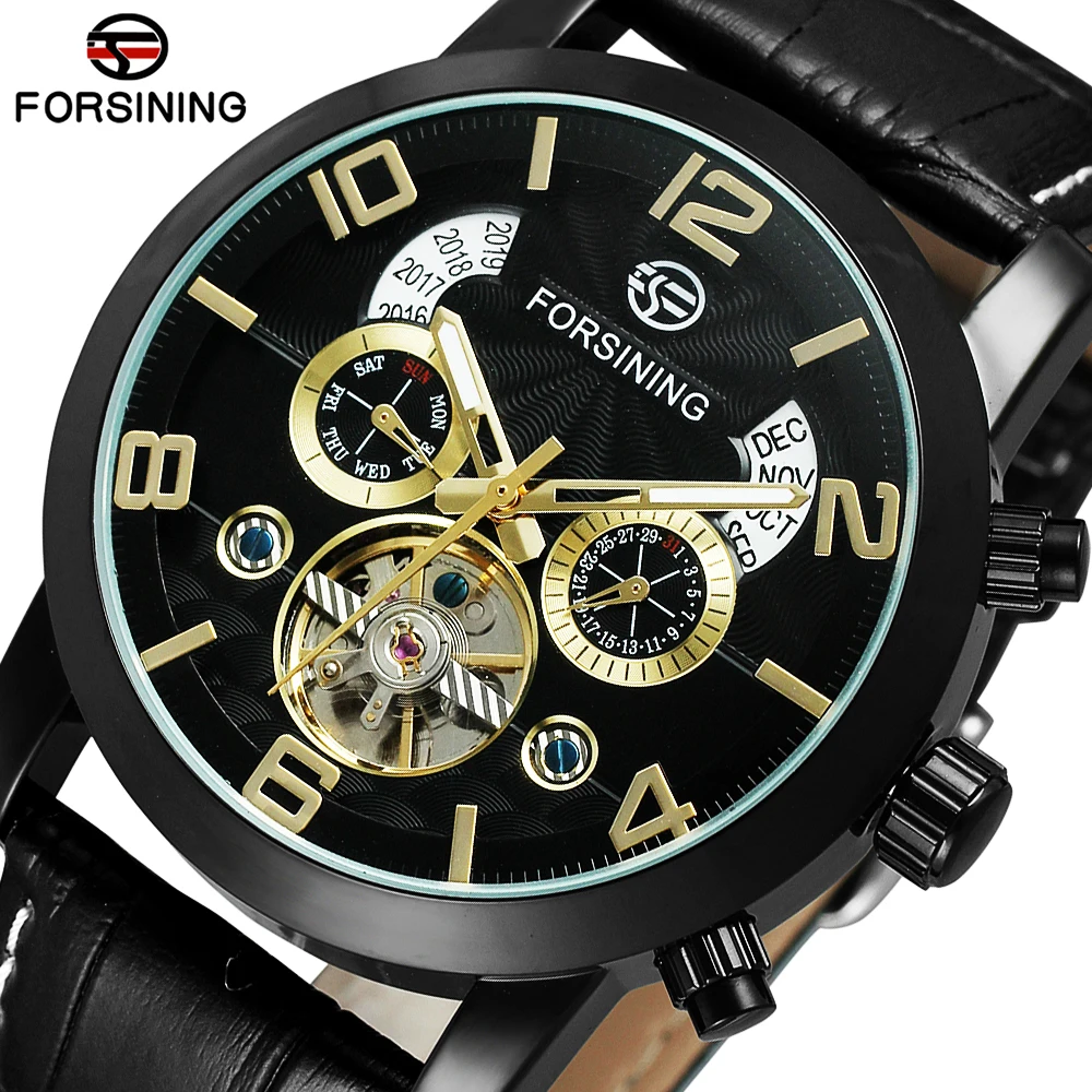 

FORSINING Fashion Casual Men's Watch Automatic Mechanical Calendar Week Tourbillon Leather Strap Waterproof Business Wristwatch